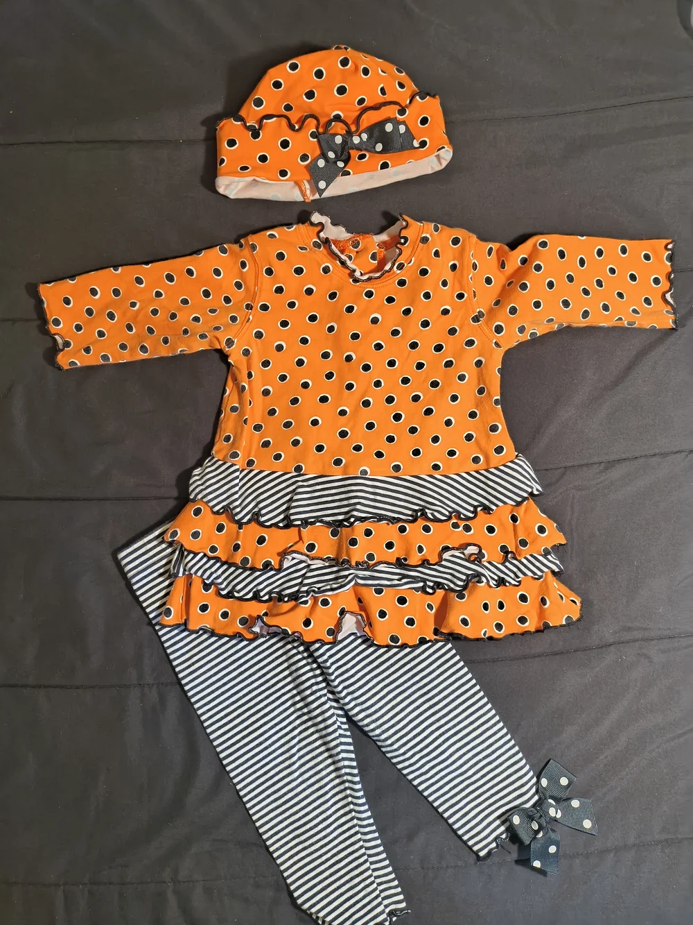 Girls Orange Polka Dot Ruffle Halloween Matching Set with Striped Leggings